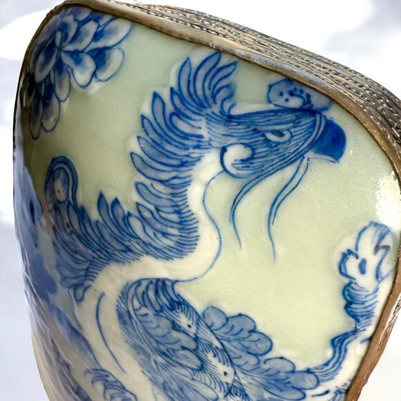 Vintage Chinese Porcelain & Metal 6.5” X 5.5” X 2" Box PHOENIX Bird Floral Motif - Picture 3 of 11